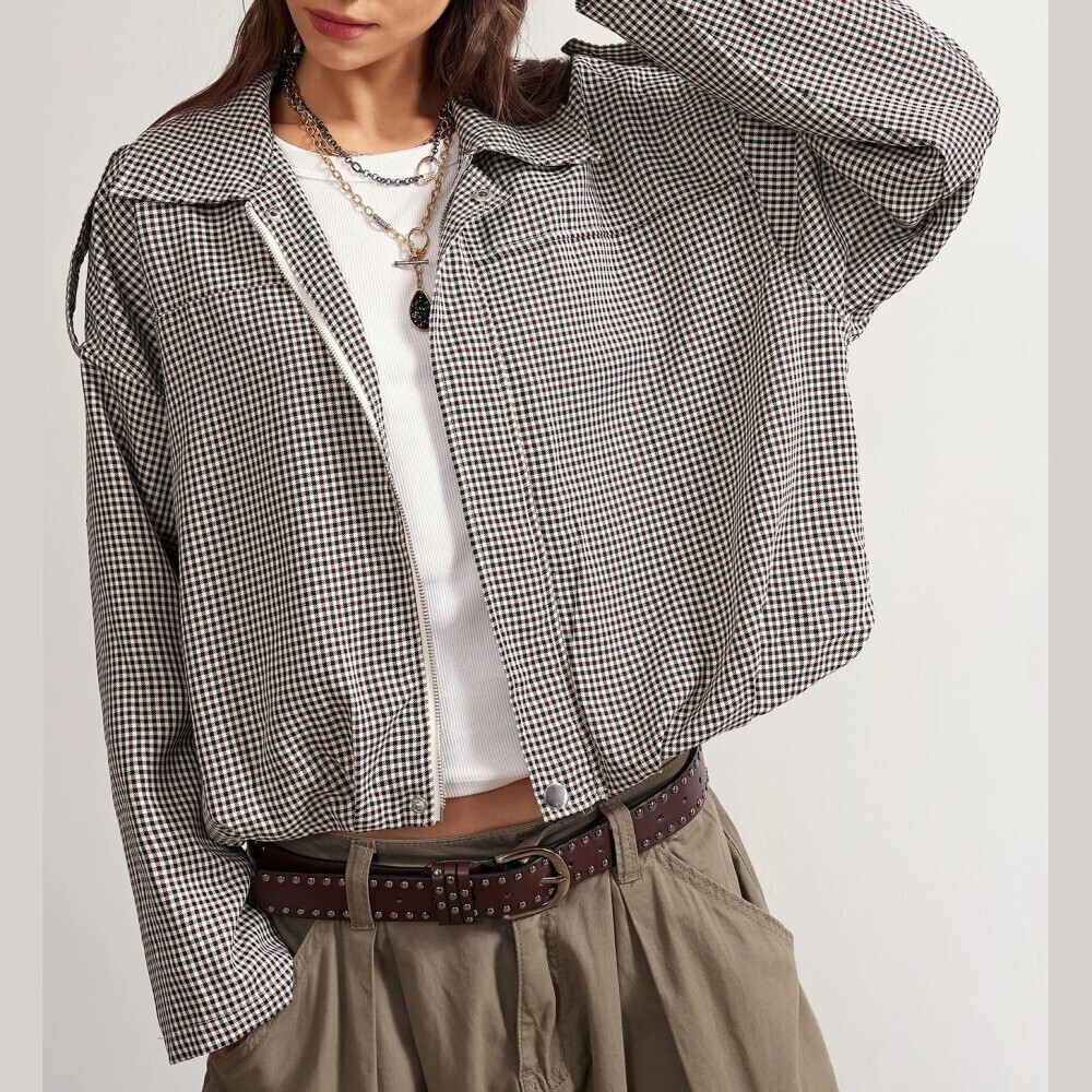 Black and White Gingham Check Zip Front Collared Crop Blouson Aviator Jacket
